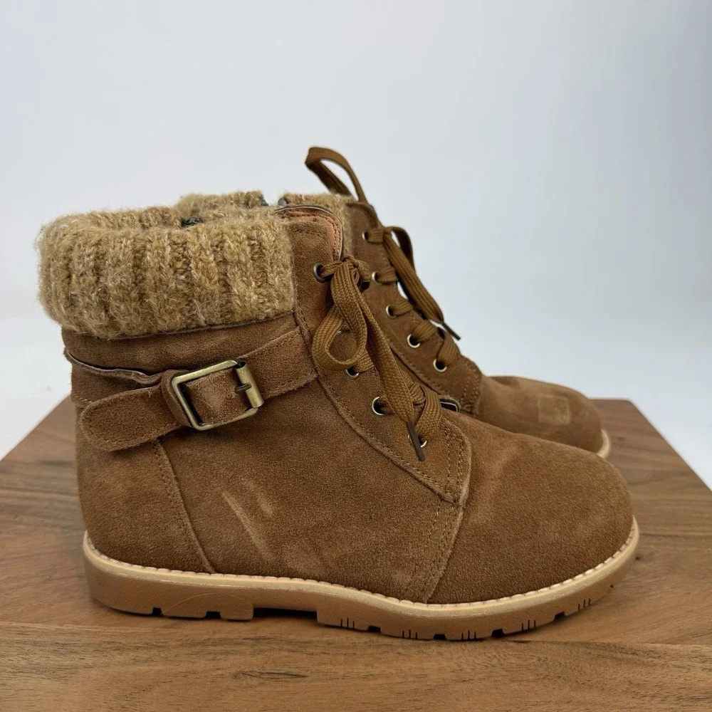 New Womens Lamo Suede Tan Lace Up Knit Cuff Fur Lined Boots Size 6 M NWOB‎